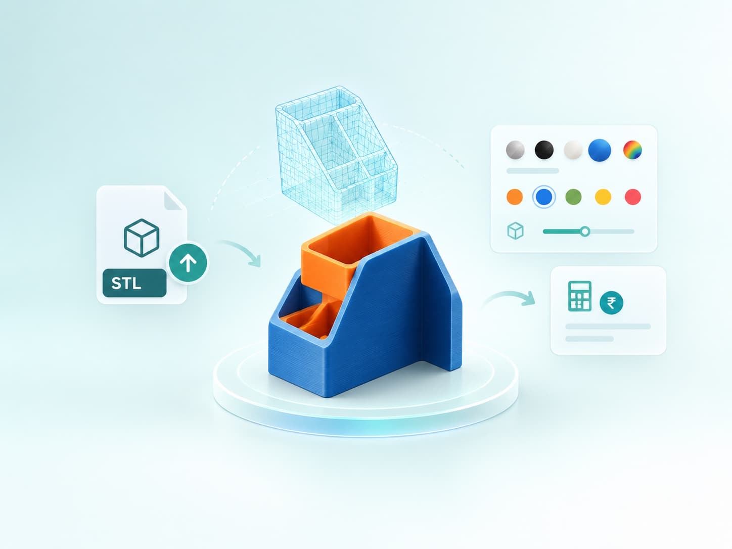 STL file uploaded, previewed as a 3D model with colour and size options, and priced in rupees