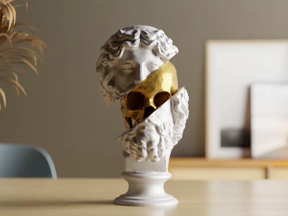 Split Face David Skull Bust – Modern 3D Printed Art Sculpture thumbnail 4
