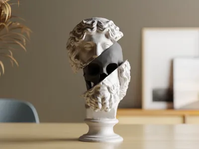 Split Face David Skull Bust – Modern 3D Printed Art Sculpture thumbnail 2