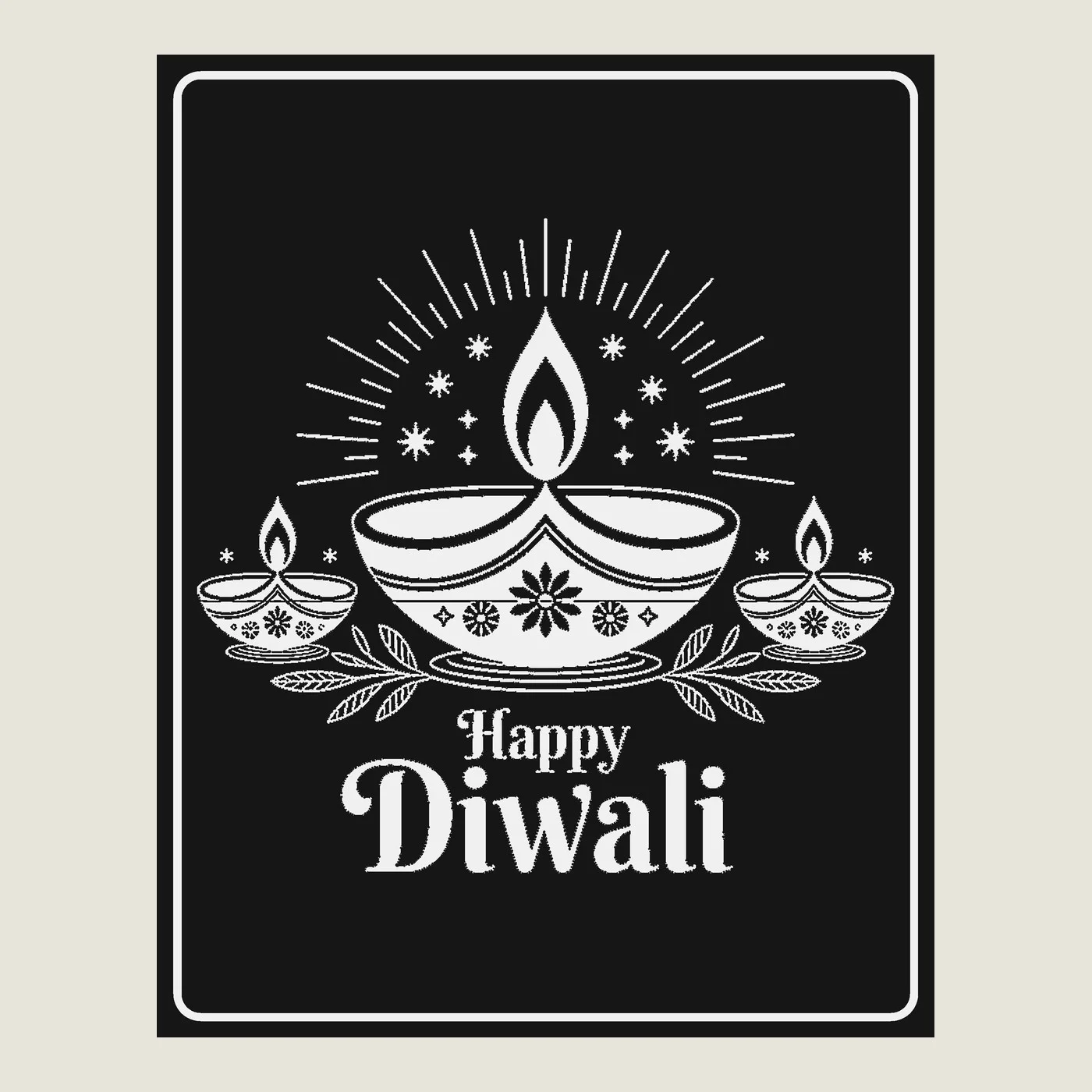 Happy Diwali shadow lamp front panel in black and white with diya artwork