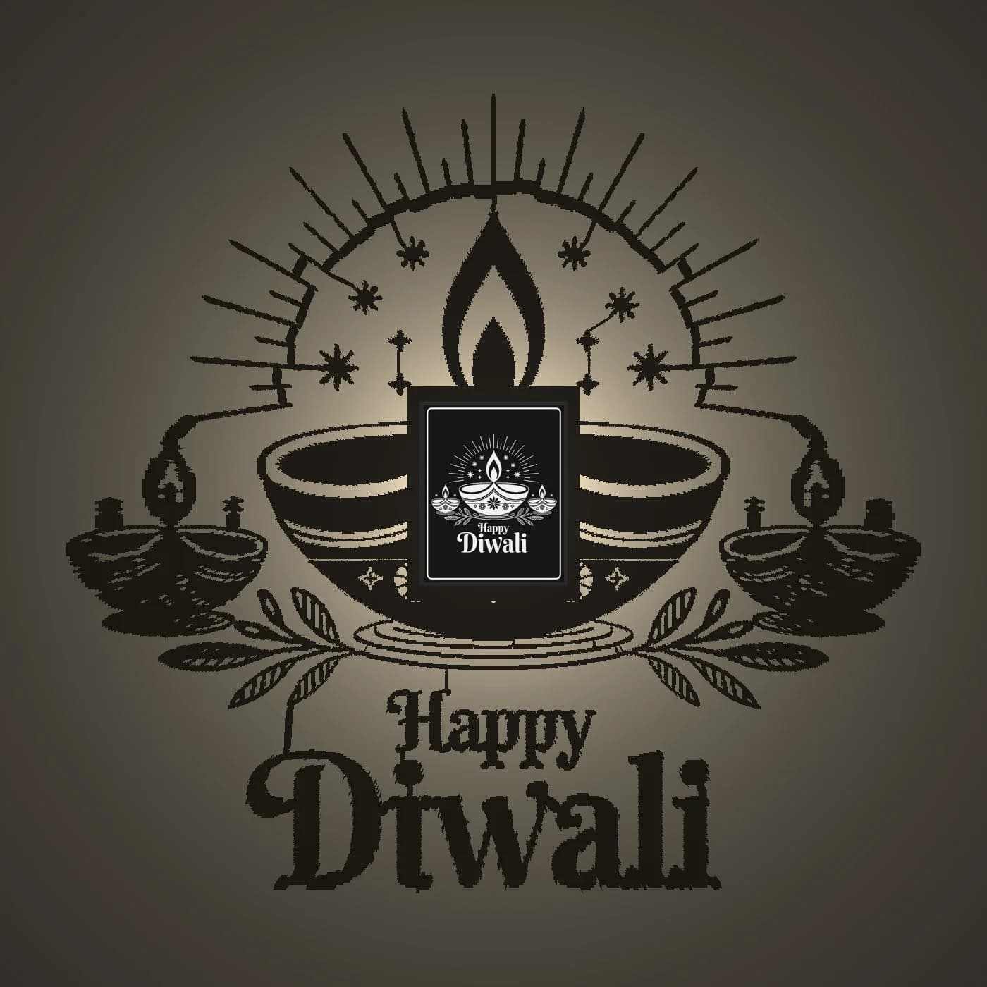 Happy Diwali shadow lamp casting a diya and Happy Diwali shadow on the wall