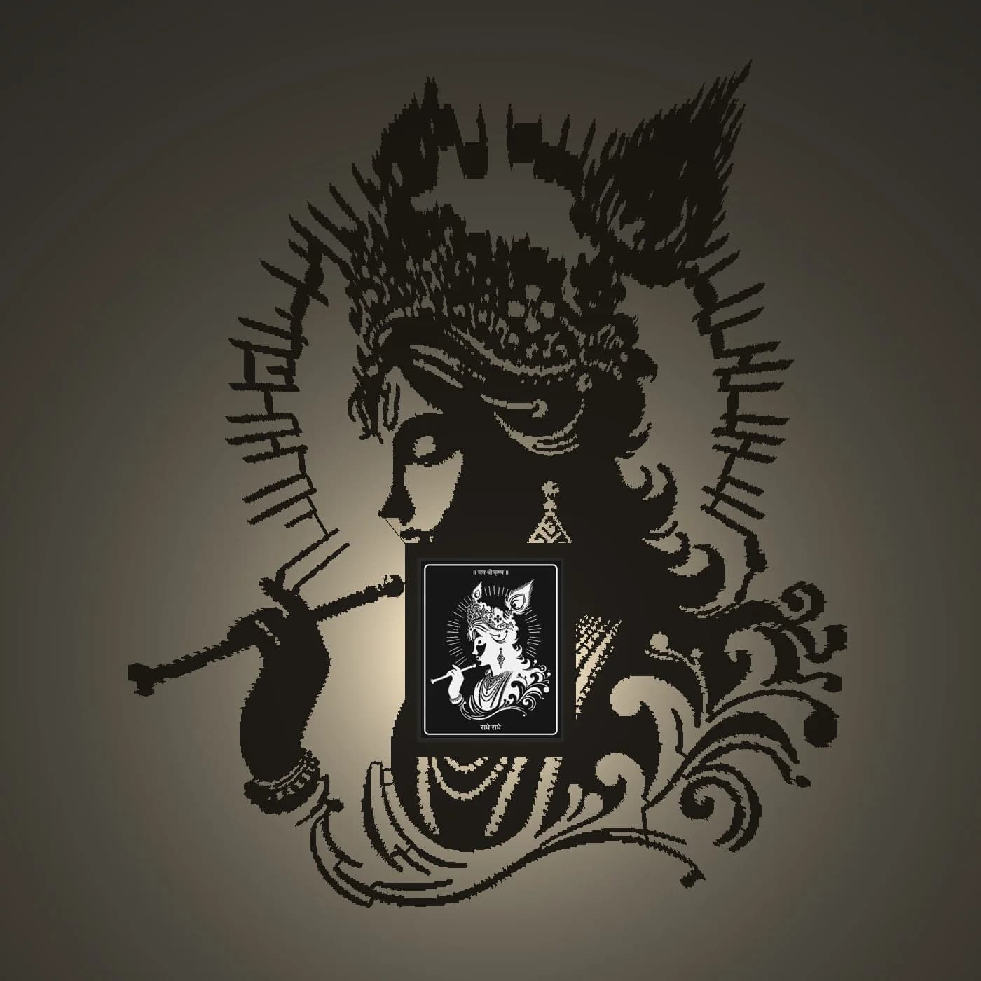 Krishna shadow lamp casting a large Shri Krishna with flute shadow on the wall